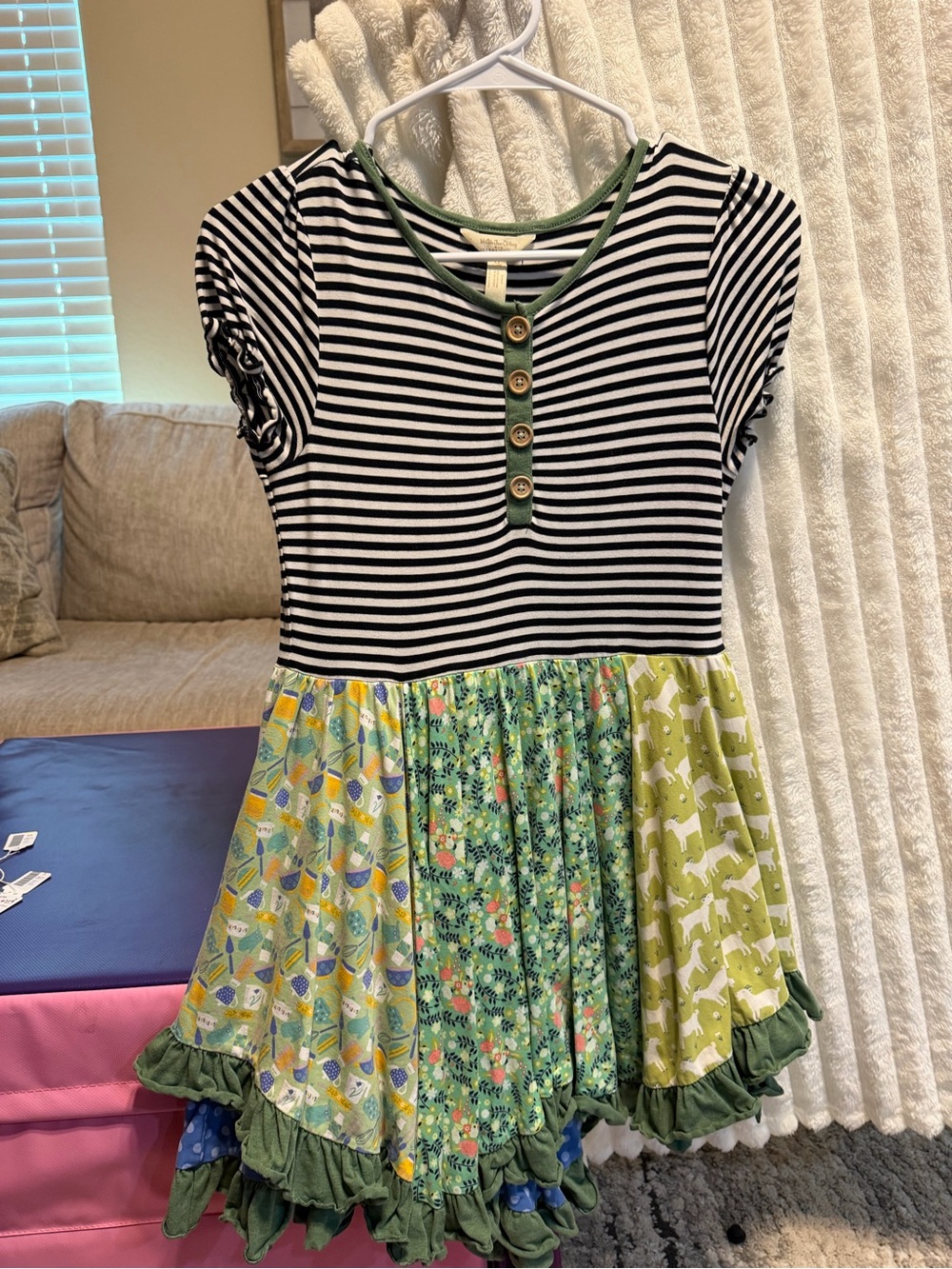 Girls Black & White Stripe Dress with Green Patchwork Skirt